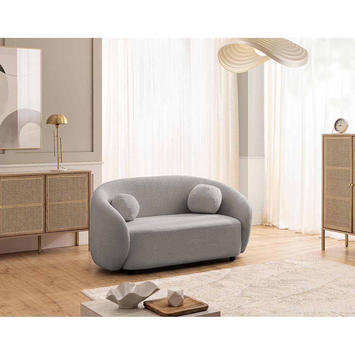 Flore - Canapé droit 2 places en tissu bouclette gris, BEST MOBILIER