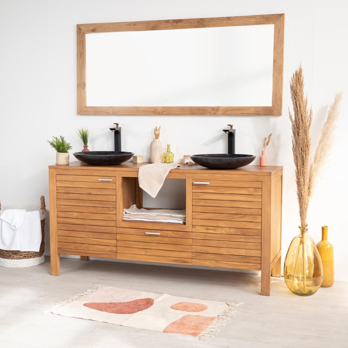 Meuble en teck rectangle sous vasque 160 COURCHEVEL naturel, WANDA COLLECTION