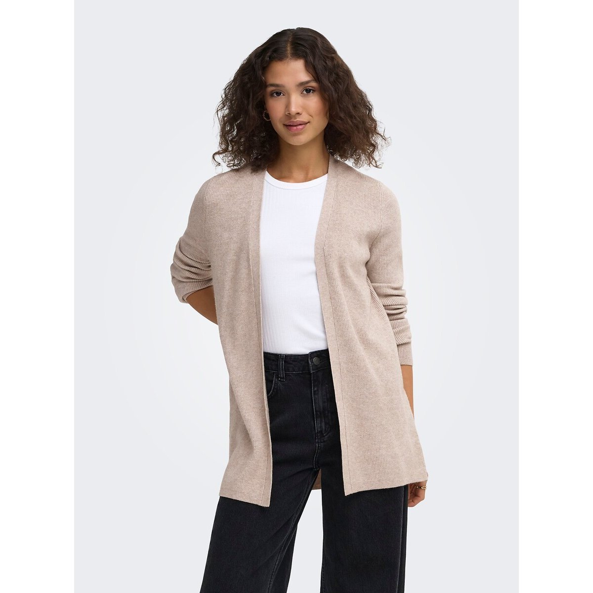 Cardigan de mangas compridas e comprimento médio creme, ONLY