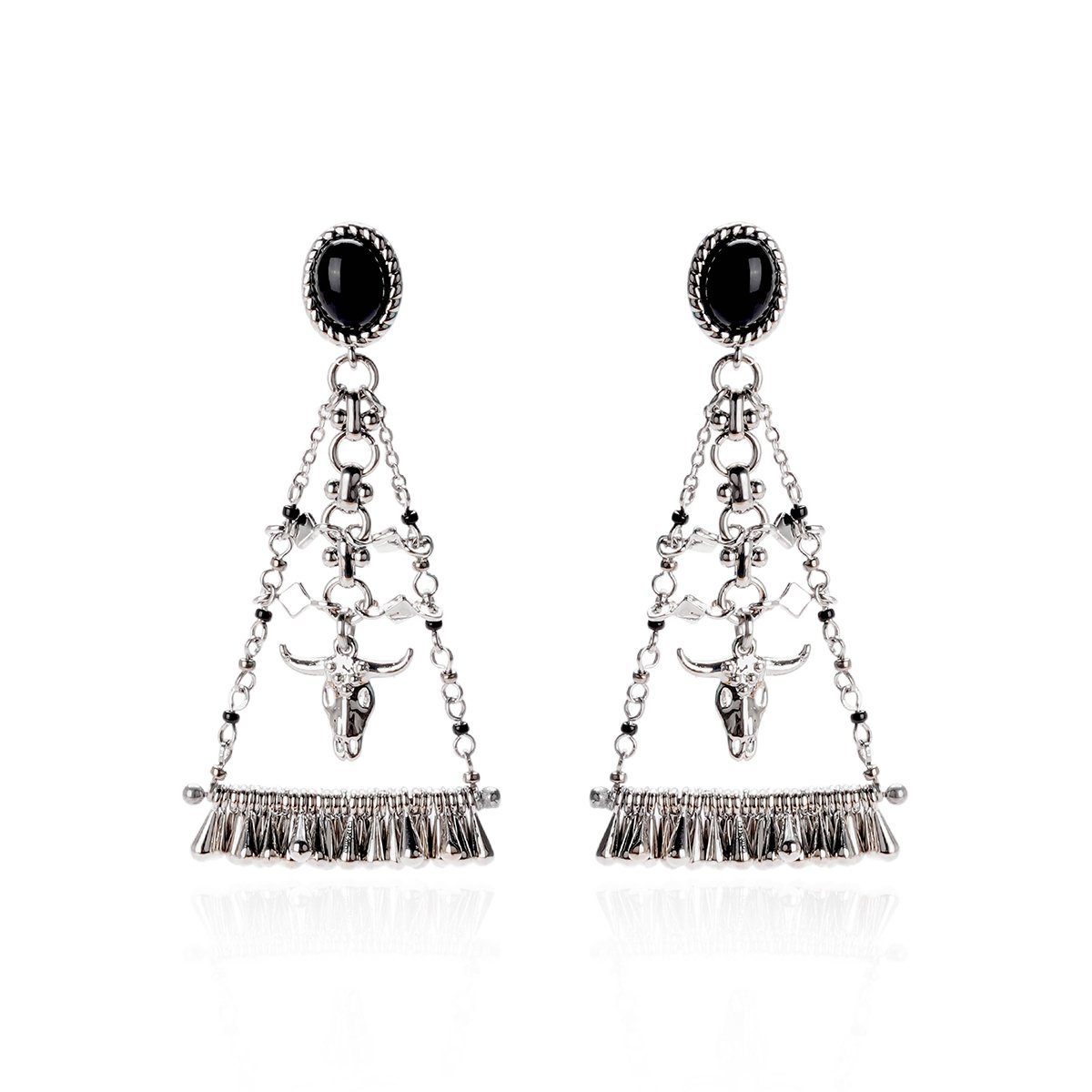 Boucles d'oreilles pendantes chaînes et tête de buffle ELIM argenté, HIPANEMA