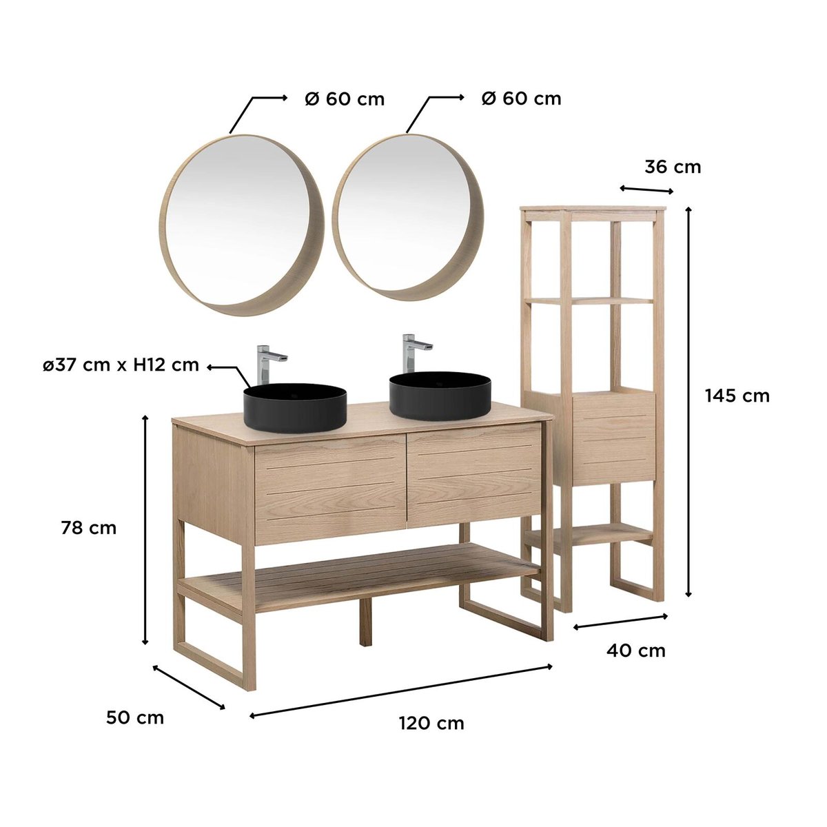 Meuble double 120cm chêne vasques noires robinets miroirs colonne ATOLL v002233, MOB IN