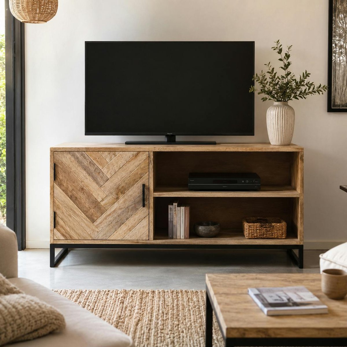 Petit meuble TV bois de manguier 1 porte BRIX bois naturel, PIER IMPORT
