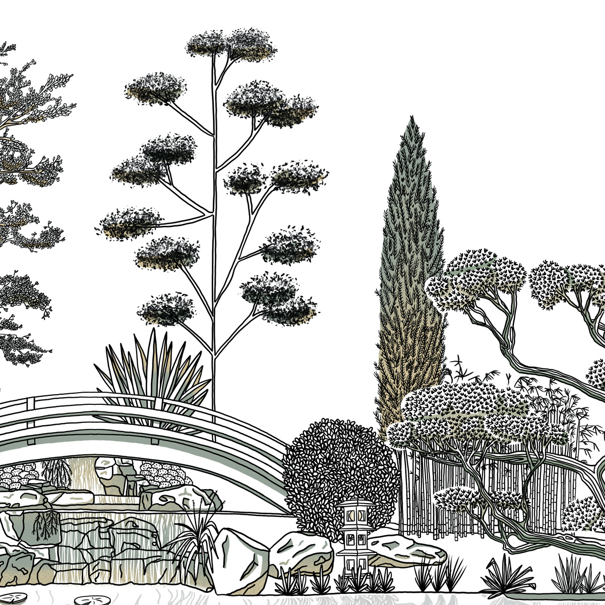 Papier peint panoramique Jardin japonais,  450 x 250cm vert, ACTE DECO