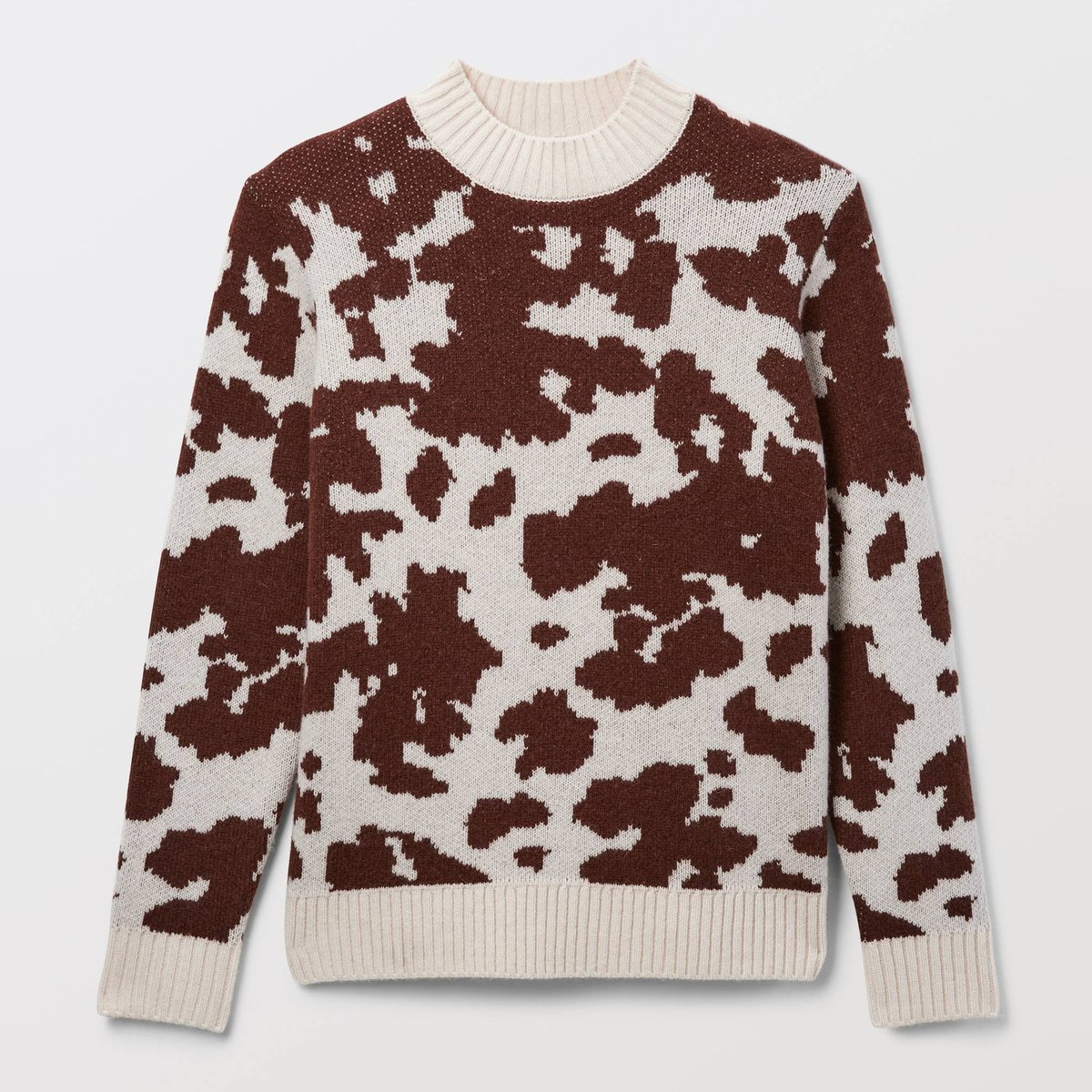 Pull col rond en jacquard à motifs vache bison, MONOPRIX