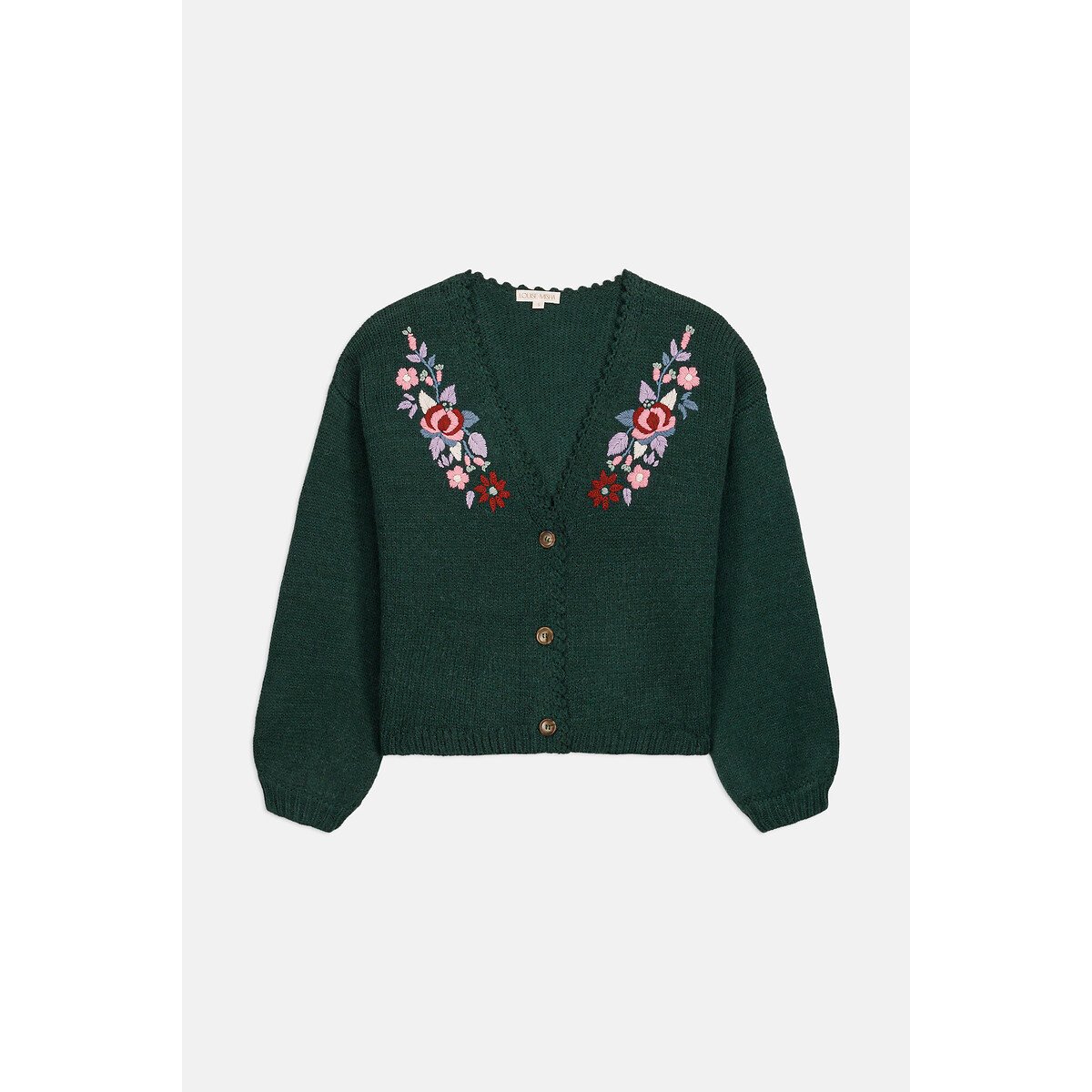 Cardigan col V brodé, LUNAMI vert forêt, LOUISE MISHA