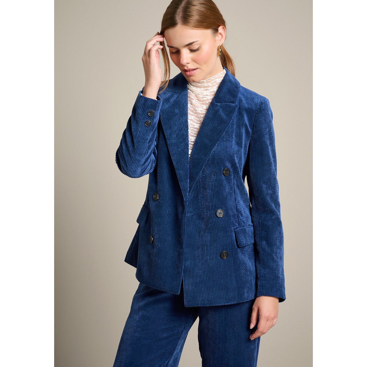 Blazer croisé en velours côtelé bleu marine, LOLALIZA