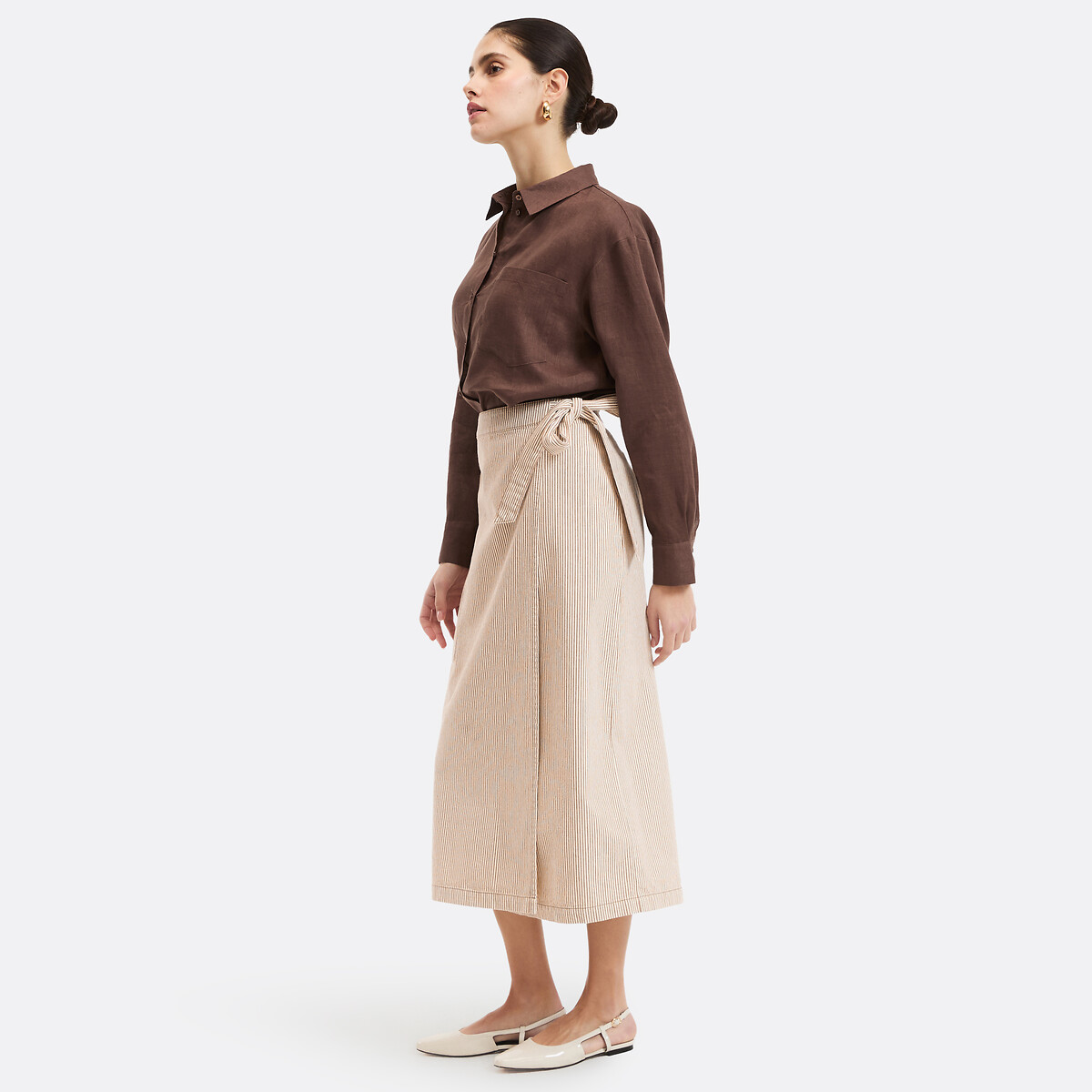 Jupe droite portefeuille à rayures midi rayé écru/marron, LA REDOUTE COLLECTIONS