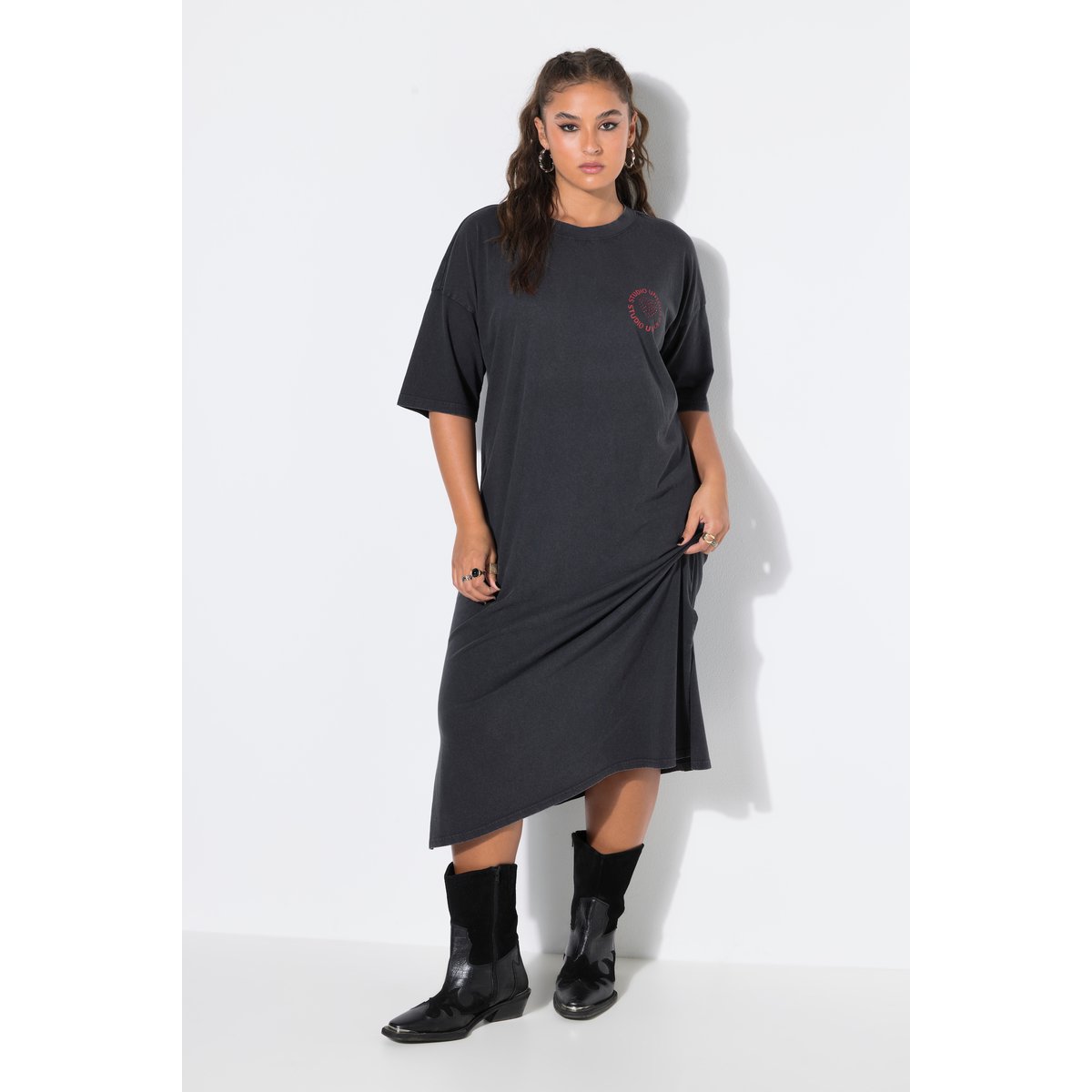 Robe midi en jersey, coupe trapèze chiné anthracite, STUDIO UNTOLD