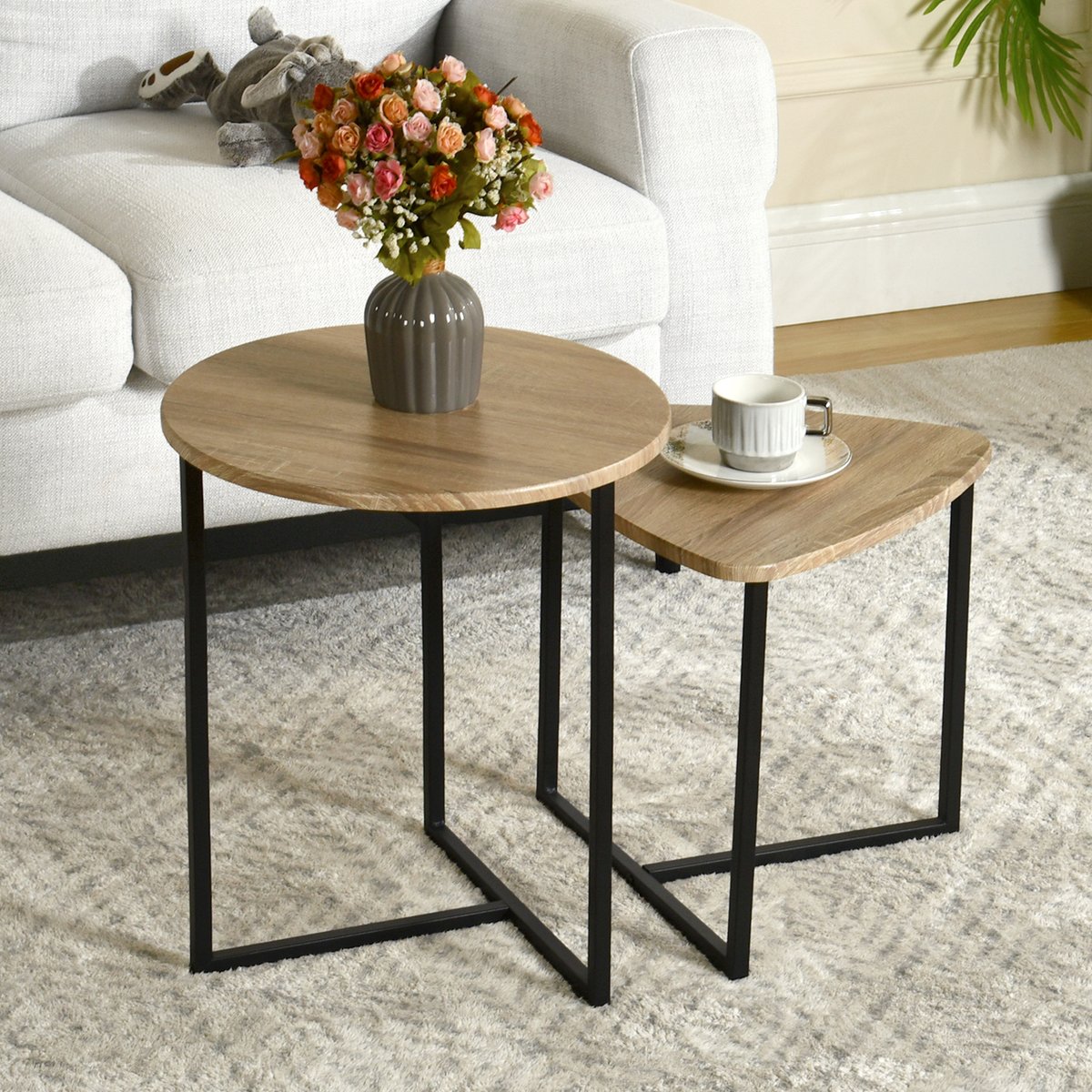 Lot de 2 tables basses gigognes Imitation bois style industriel, LAYA imitation chêne, MEUBLES COSY