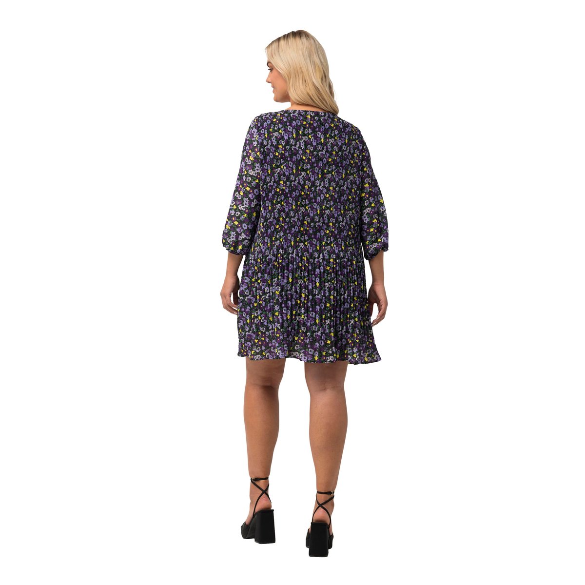 Robe courte plissée, fleurs, col rond noir, ULLA POPKEN