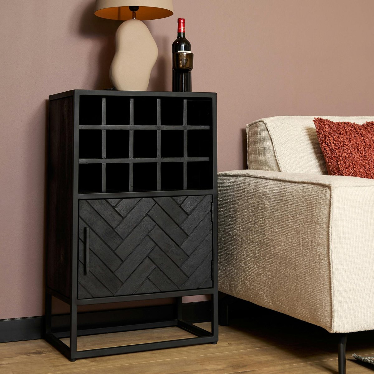 Minibar salon en bois noir pour 15 bouteilles ALVERA noir, PIER IMPORT