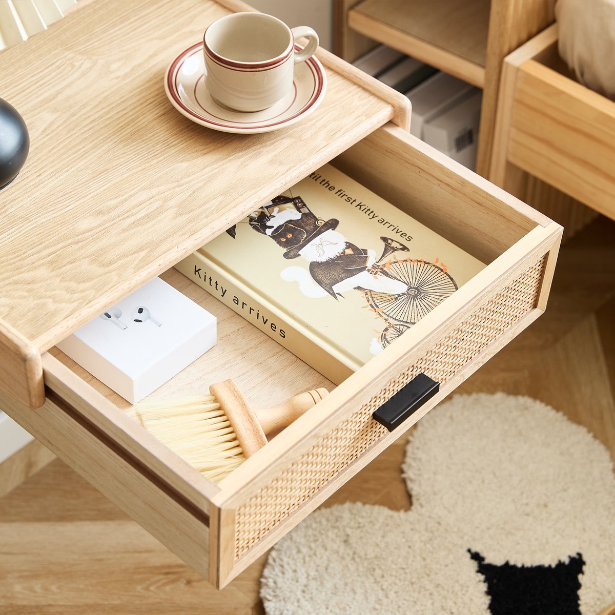 Table de chevet murale, rotin et bois, PITEA bois naturel, NORDLYS