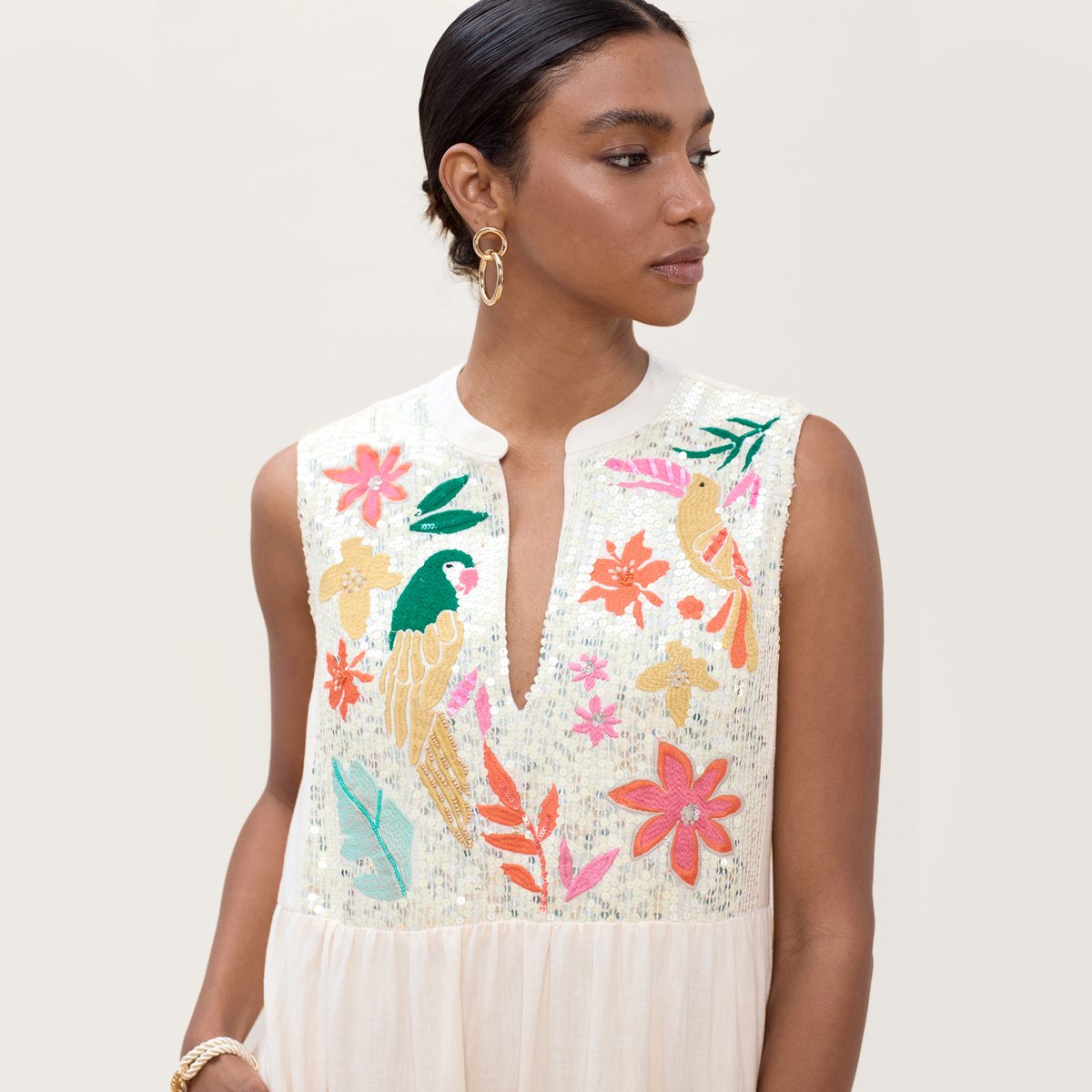 Robe longue fluide brodée à col mao ecru, LOLA CASADEMUNT