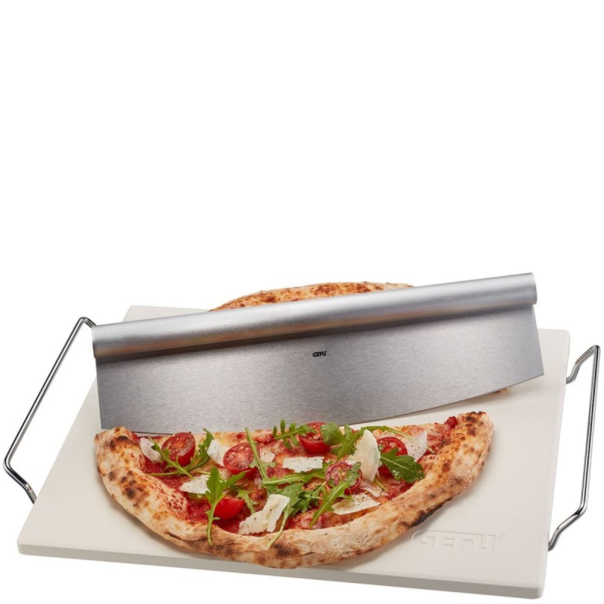 Pierre à pizza avec cadre + couteau à découper DARIOSO - Carré couleur unique, GEFU