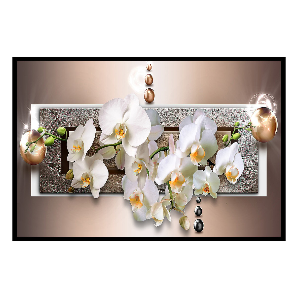 Affiche encadrée orchidées blanches zen affiche + cadre en métal - noir, HEXOA