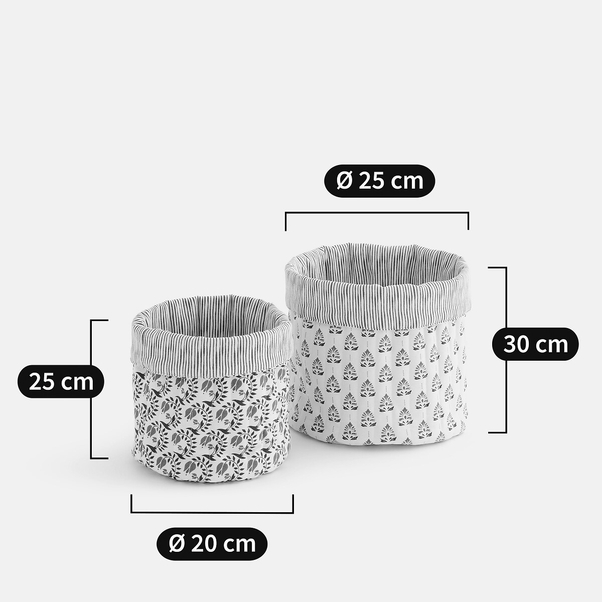 Lot de 2 paniers réversibles, en coton matelassé, SIVALI imprimé fond écru, LA REDOUTE INTERIEURS