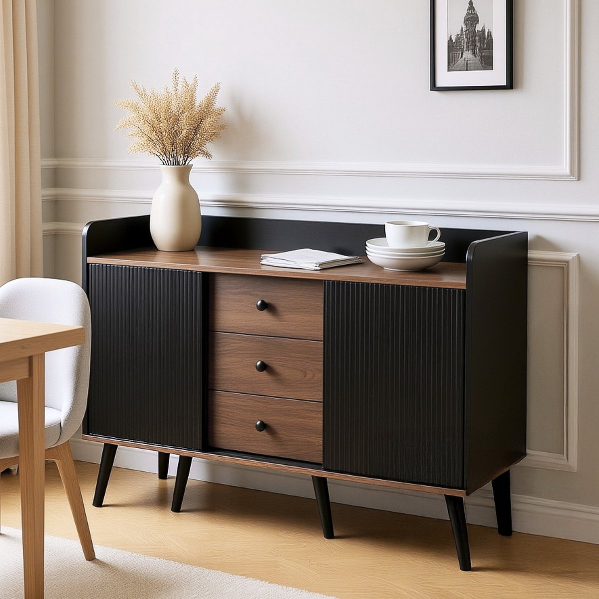 Buffet avec 2 portes et 3 tiroirs, NOVAKD Buffet noyer, MEUBLES COSY