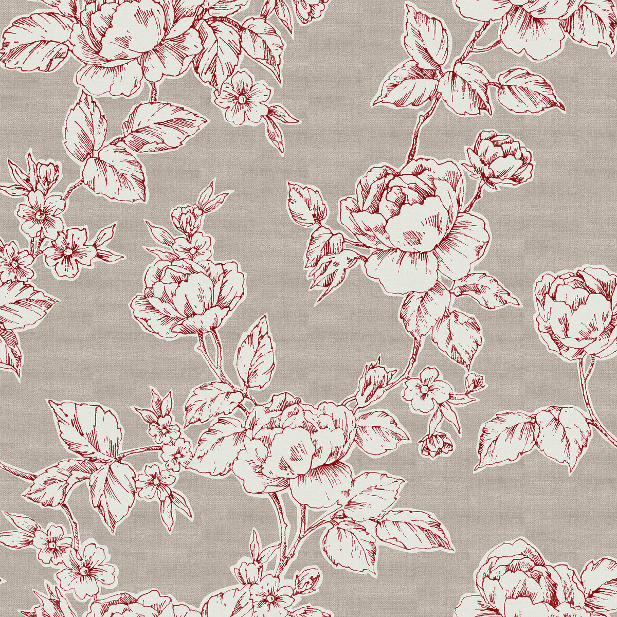 Papier peint fleuri Roses Pollington rouge framboise, beige grisé, LAURA ASHLEY