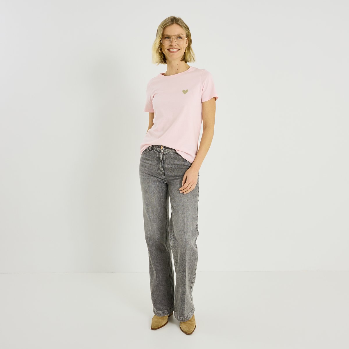 T-shirt col rond cœur brodé rose, GRAIN DE MALICE