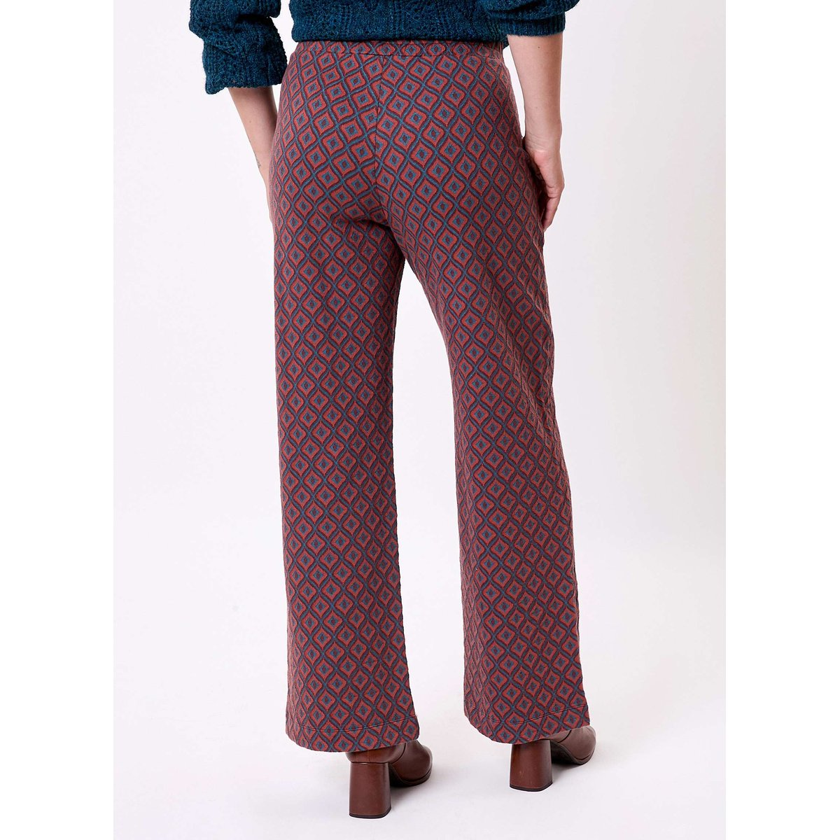Pantalon ample maille jaquard recyclée PALMERO marron bleu, PRINCESSE NOMADE