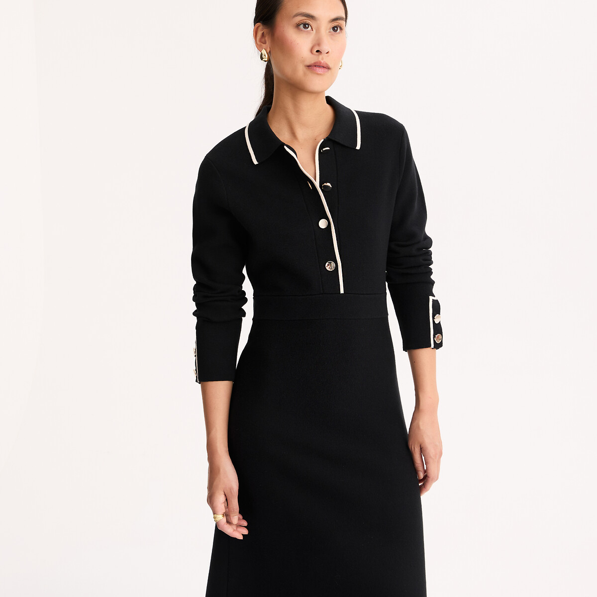 Robe à col polo longueur midi manches longues noir/écru, ANNE WEYBURN