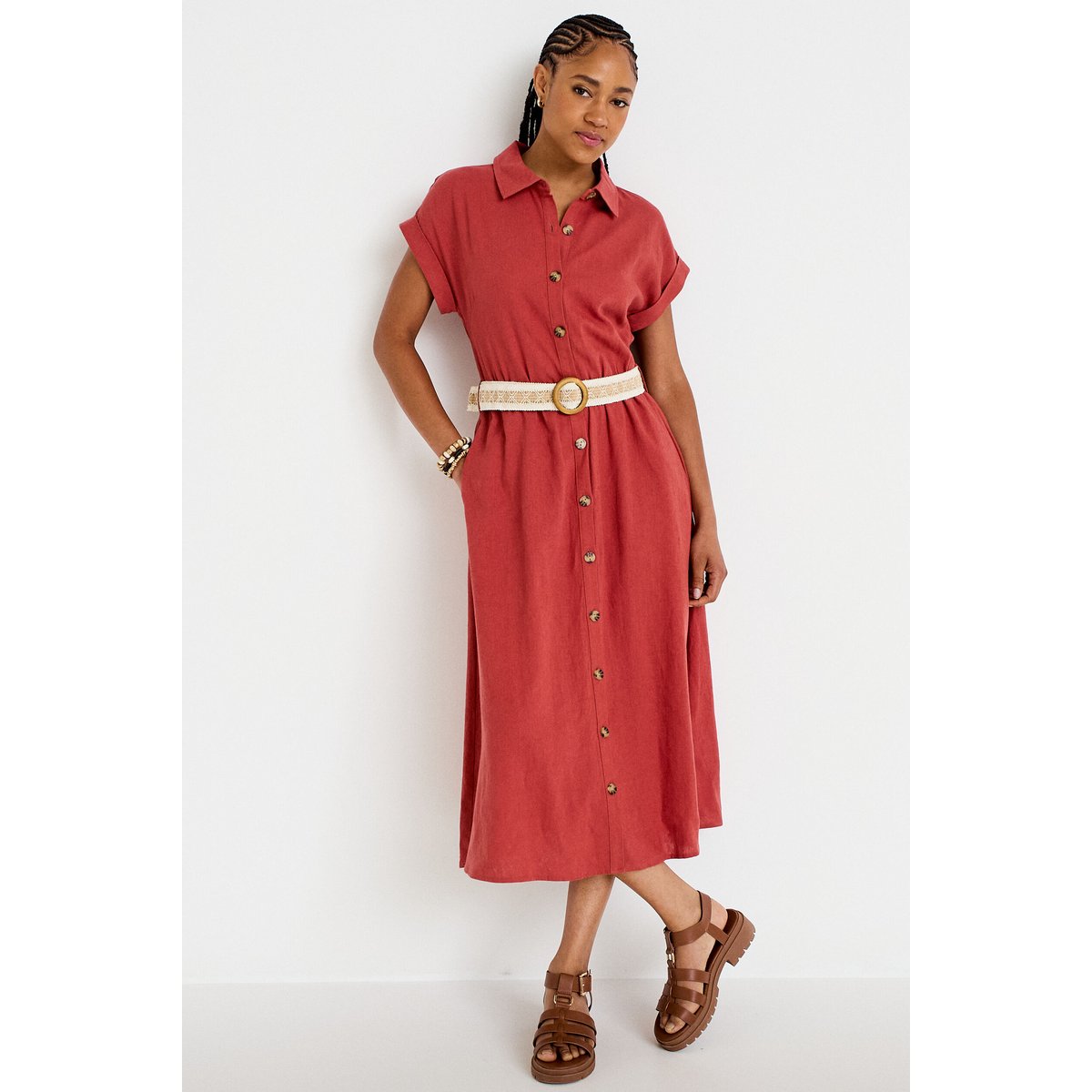 Robe évasée avec ceinture amovible vieux rose, CACHE CACHE