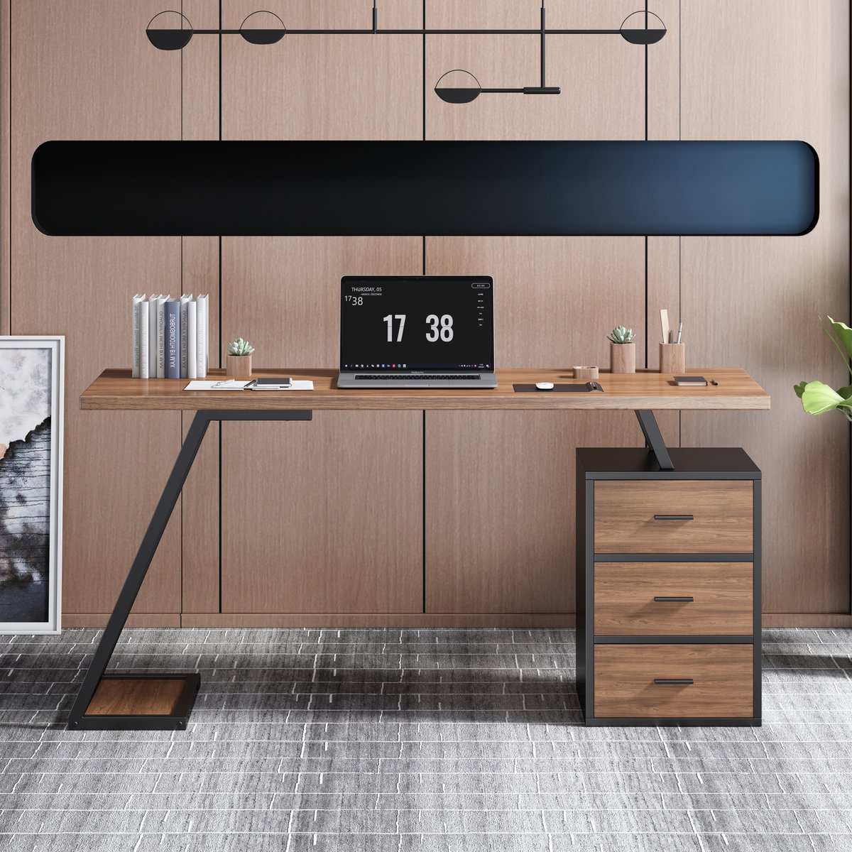 Bureau style industriel avec 3 tiroirs et 1 étagère intégrée, JO noyer, MEUBLES COSY