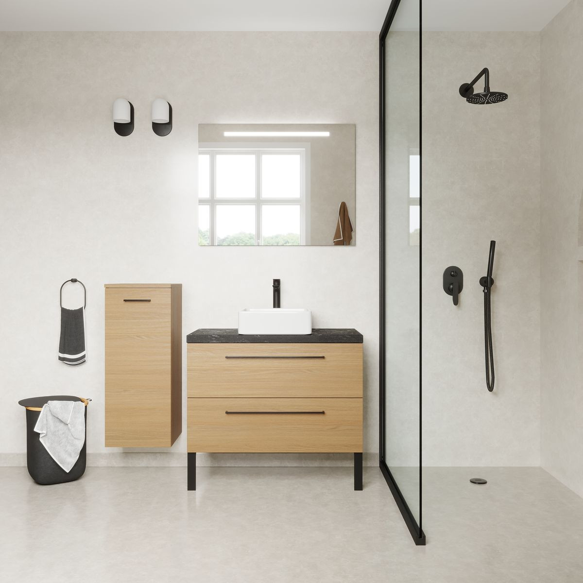 Meuble salle de bain vasque posée 2 tiroirs - GLASGOW chêne clair, HOMIFAB