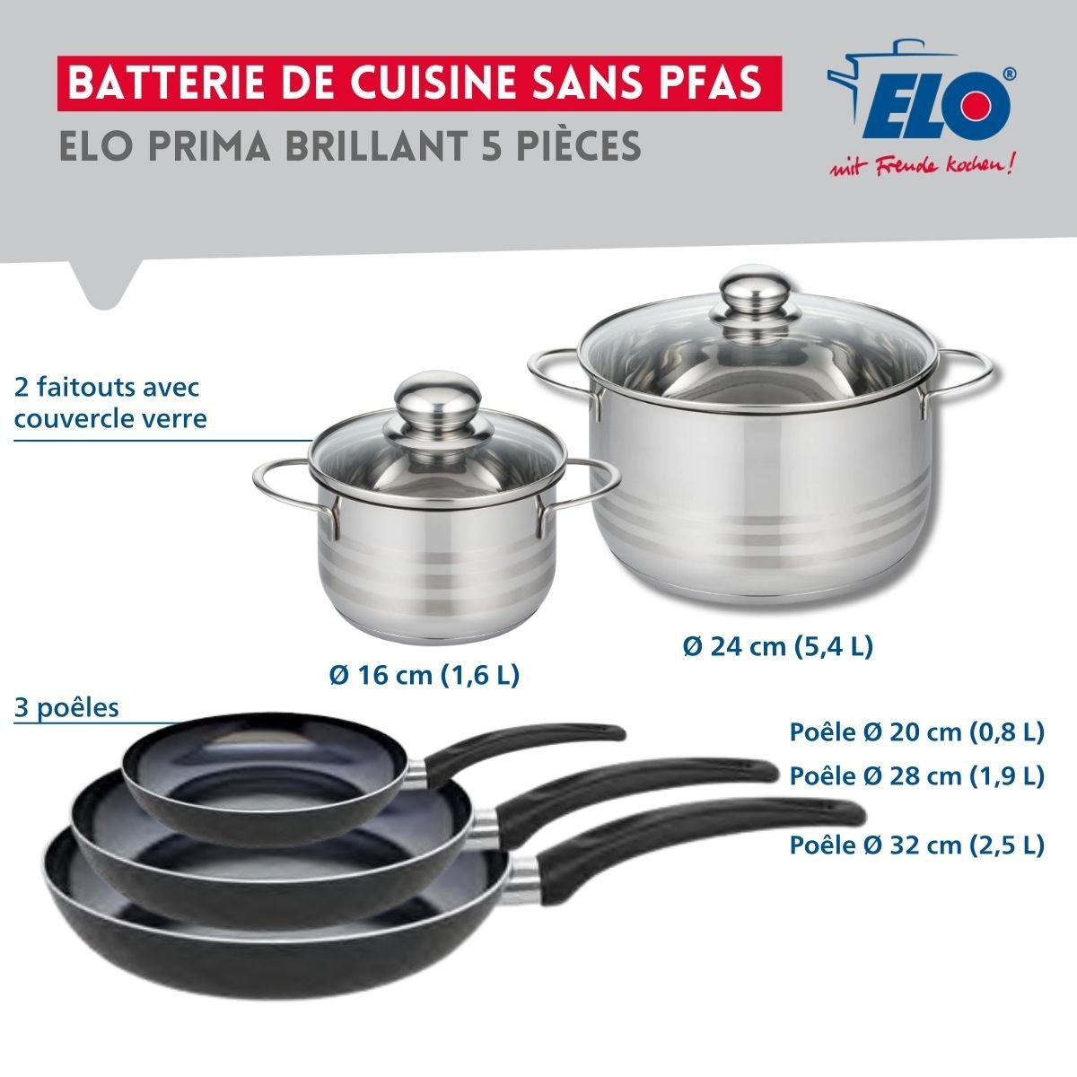 Batterie 3 poêles 20/28/32cm + 2 faitouts 16/24cm PRIMA BRILLANT noir, ELO