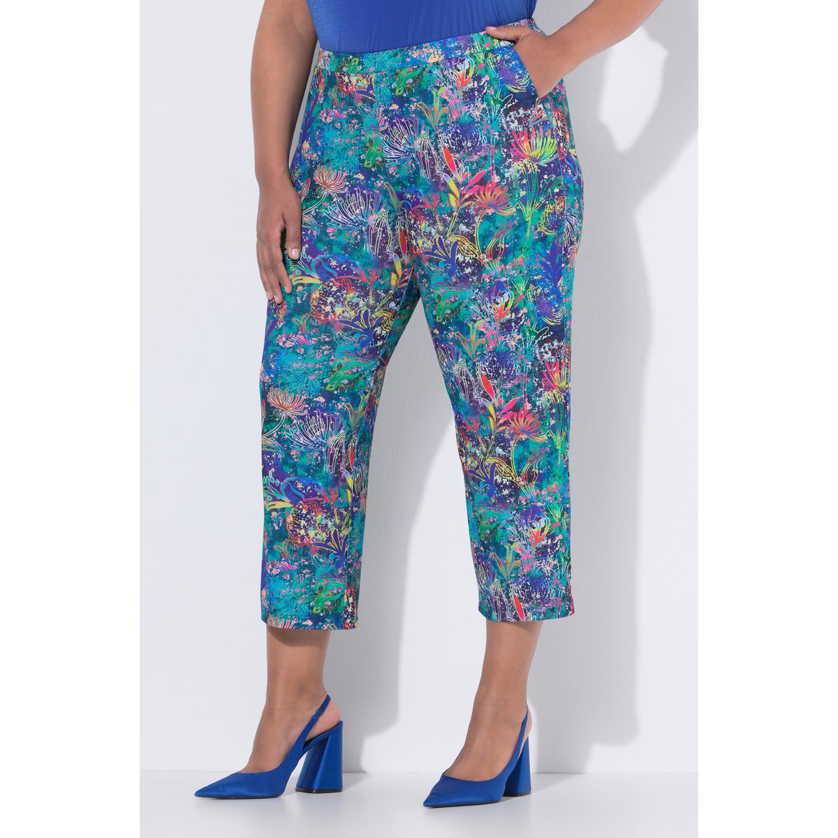 Pantalon 7/8 en jersey bleu azur, ULLA POPKEN