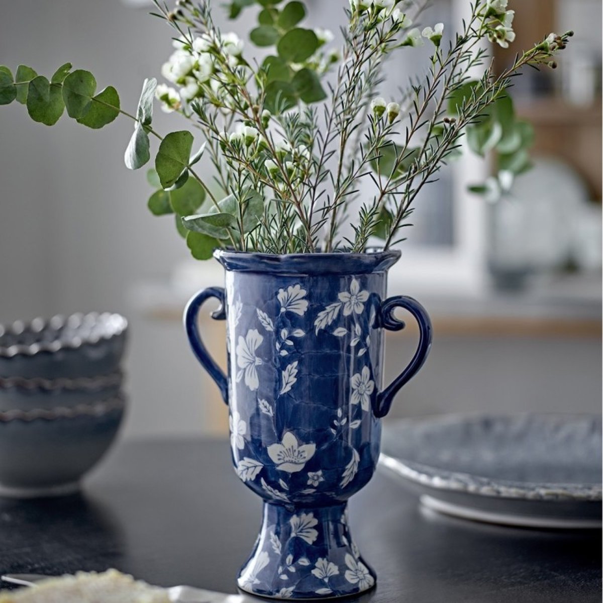 Vase poignées grès floral Amara bleu, BLOOMINGVILLE