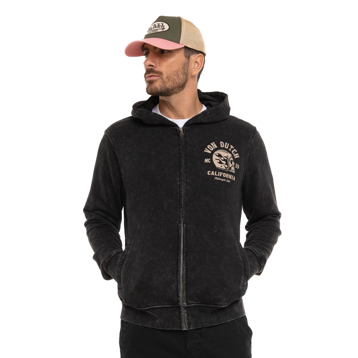 Sweat à capuche zippé VINY noir/beige, VON DUTCH