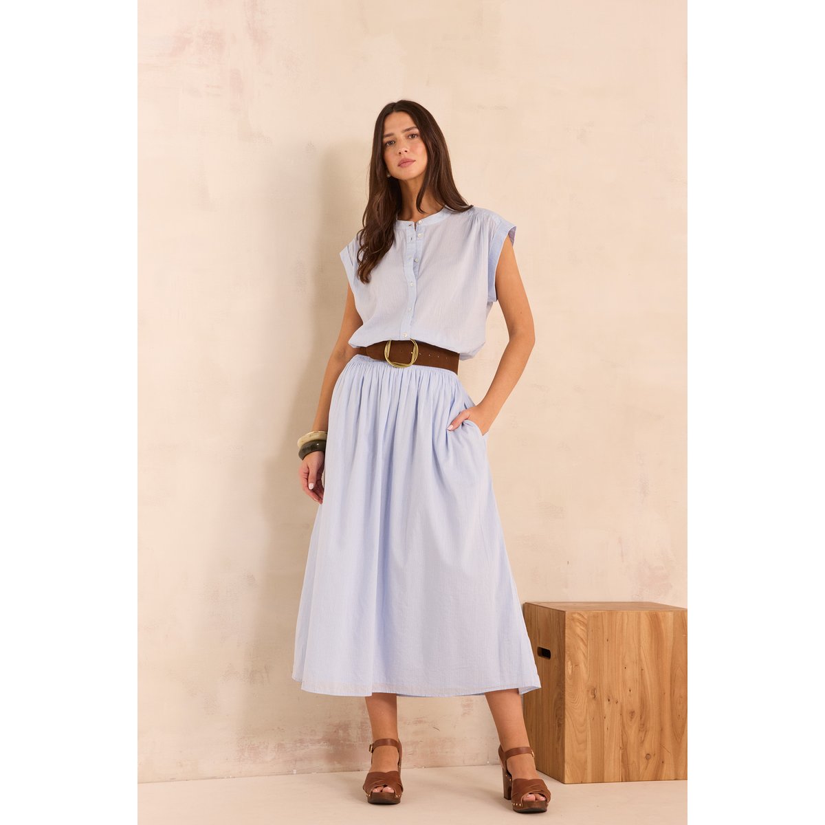 Jupe midi à rayures en coton VOILE bleu chambray, Maison 123