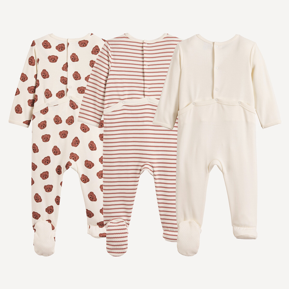 Set van 3 1-delige pyjama's, katoen, teddybeer en strepen gemengd, LA REDOUTE COLLECTIONS