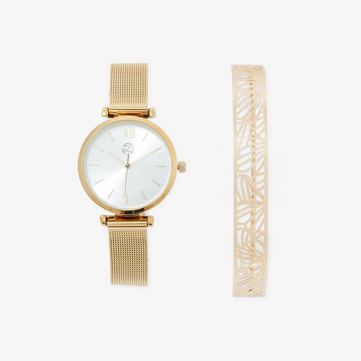 Coffret montre cadran rond bracelet maille et sa manchette doré, BALABOOSTE