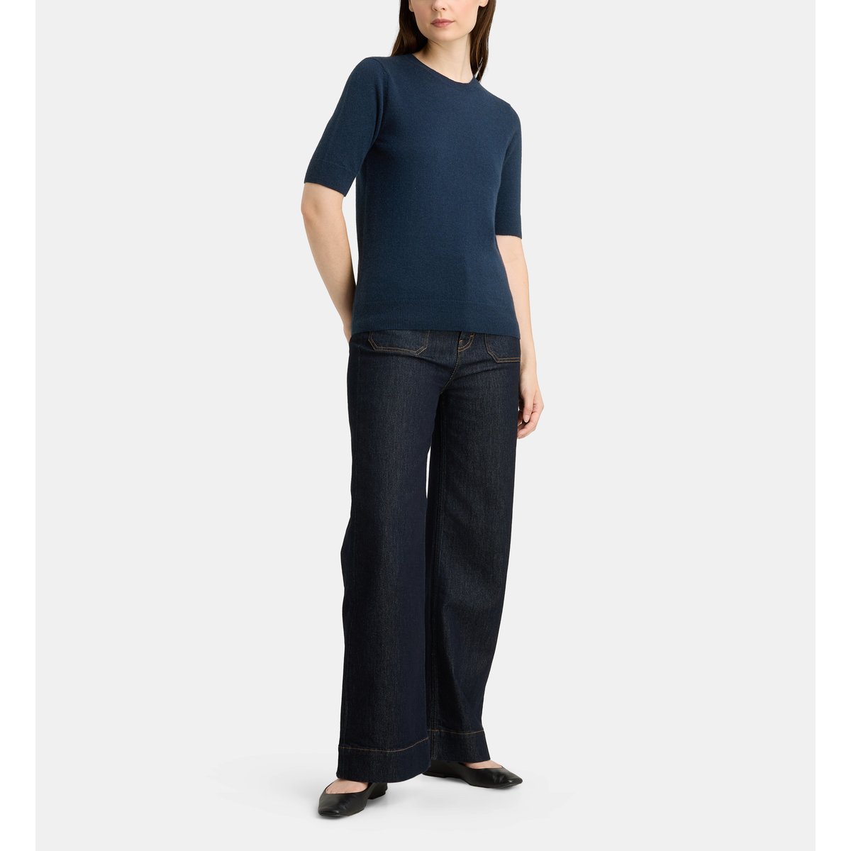 Pull droit difi manches courtes en cachemire bleu marine, GALERIES LAFAYETTE