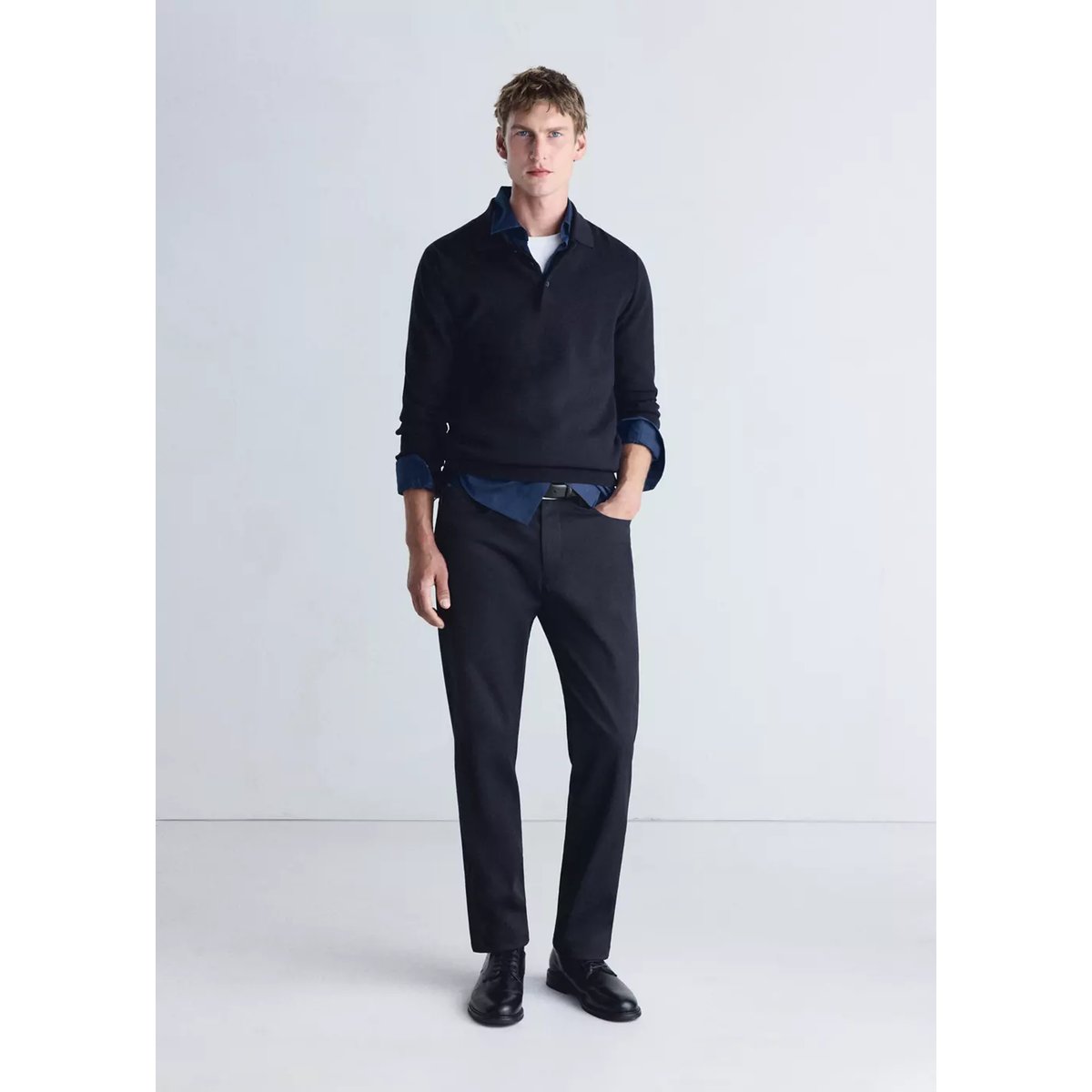 Polo en jersey de maille fine bleu marine, MANGO MAN