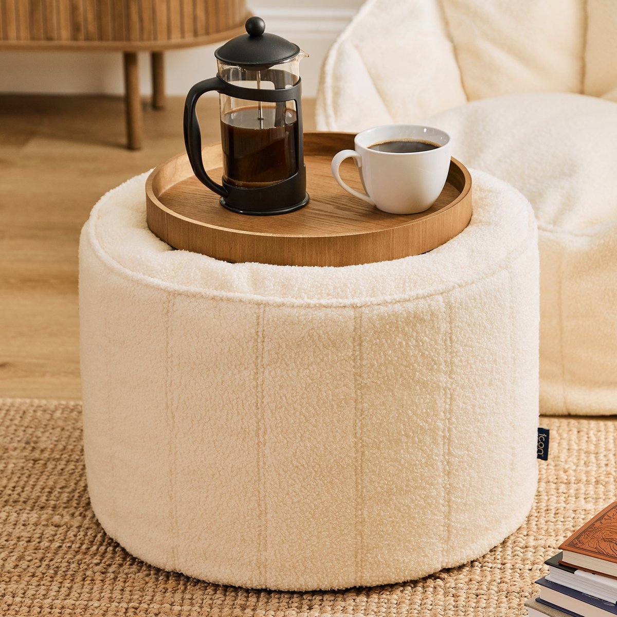 Pouf repose-pieds rond en bouclette Oeko-Tex® - MILANO ivoire, ICON