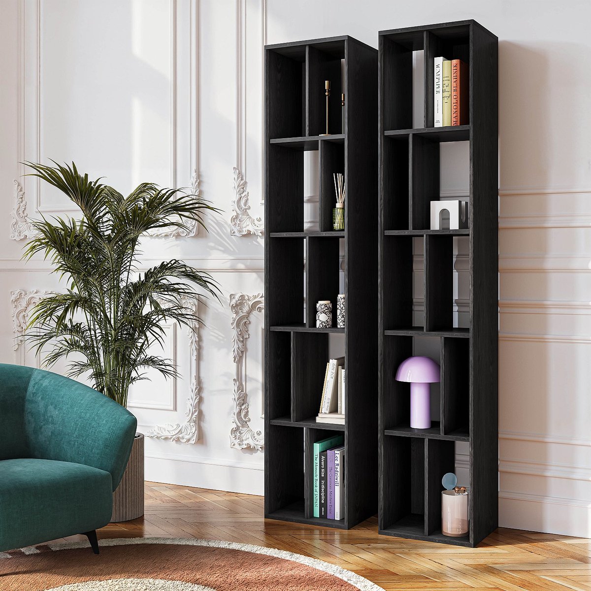 Bibliothèque bois, panneau WILL noir, HABITAT
