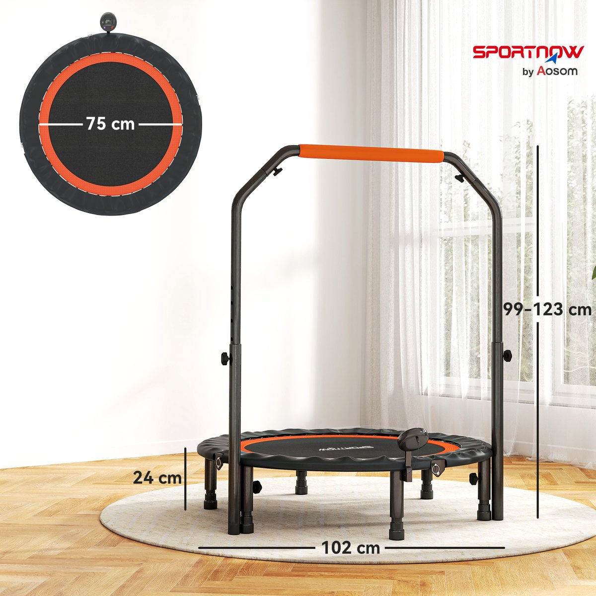 Trampoline de Fitness gym pliable réglable Ø 102 cm écran LCD noir rouge noir, HOMCOM