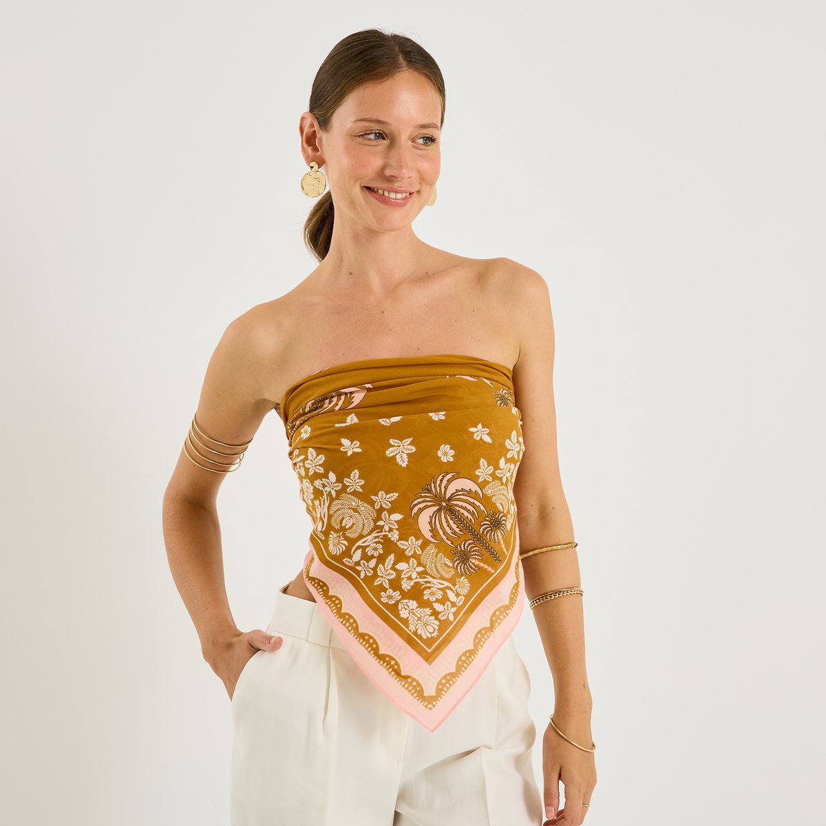Foulard carré imprimé palmiers rose, GRAIN DE MALICE