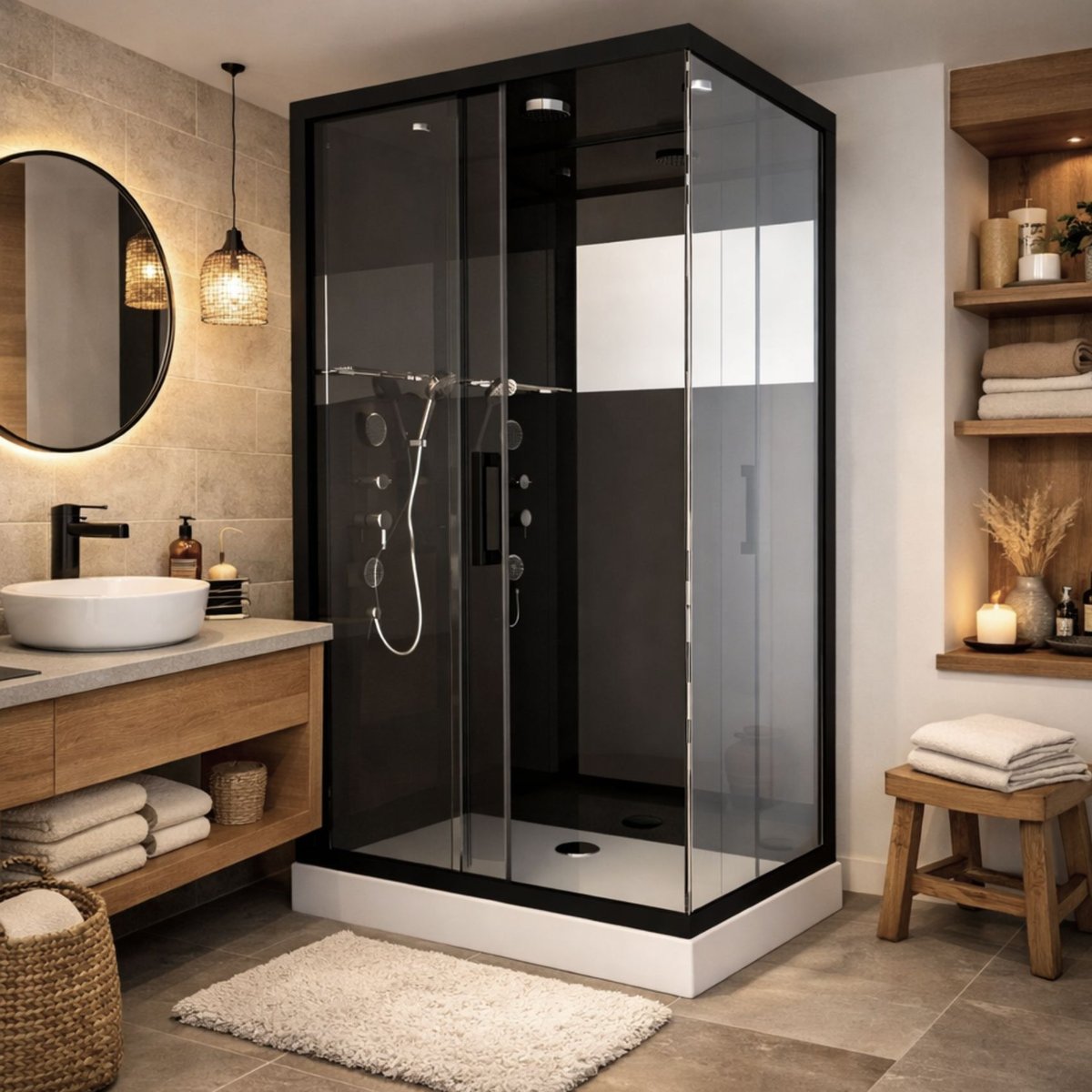 Cabine de Douche Black Mirror 2 Rectangle noir, HOME MAISON