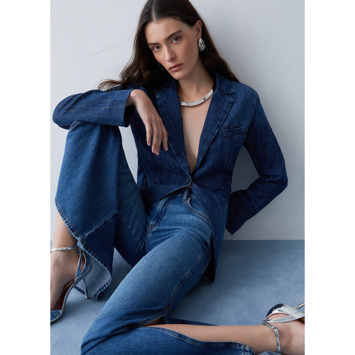 Blazer en toile denim avec strass denim bleu foncé, LIU JO