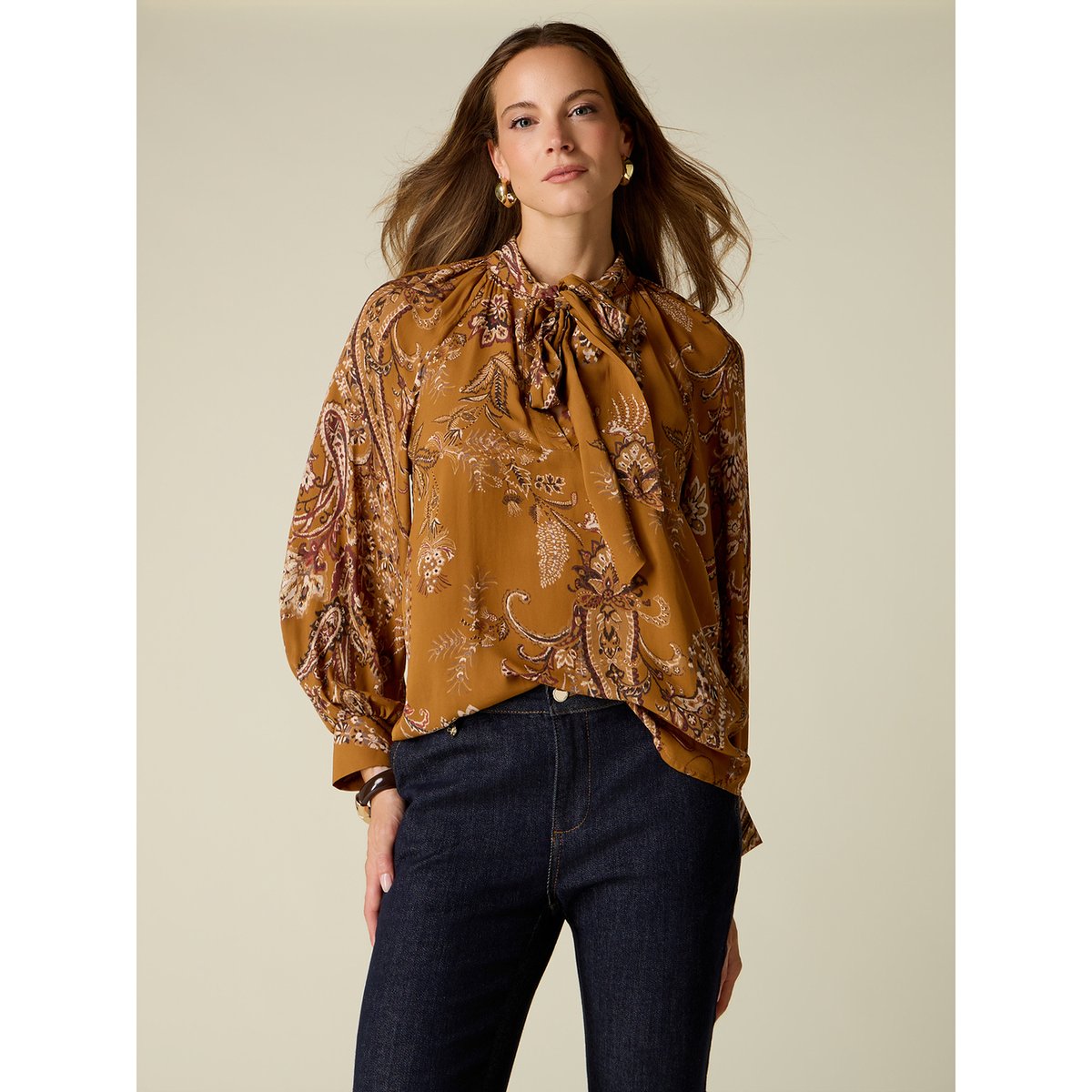 Blouse fantaisie à volants marron, OLTRE