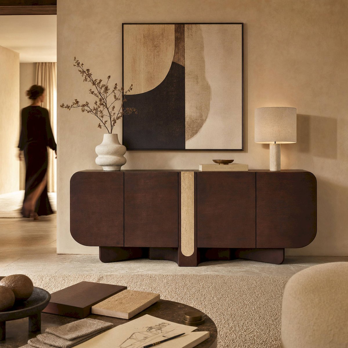 Buffet contemporain collection S.BRAINE brun et beige travertin, RECOLLECTION