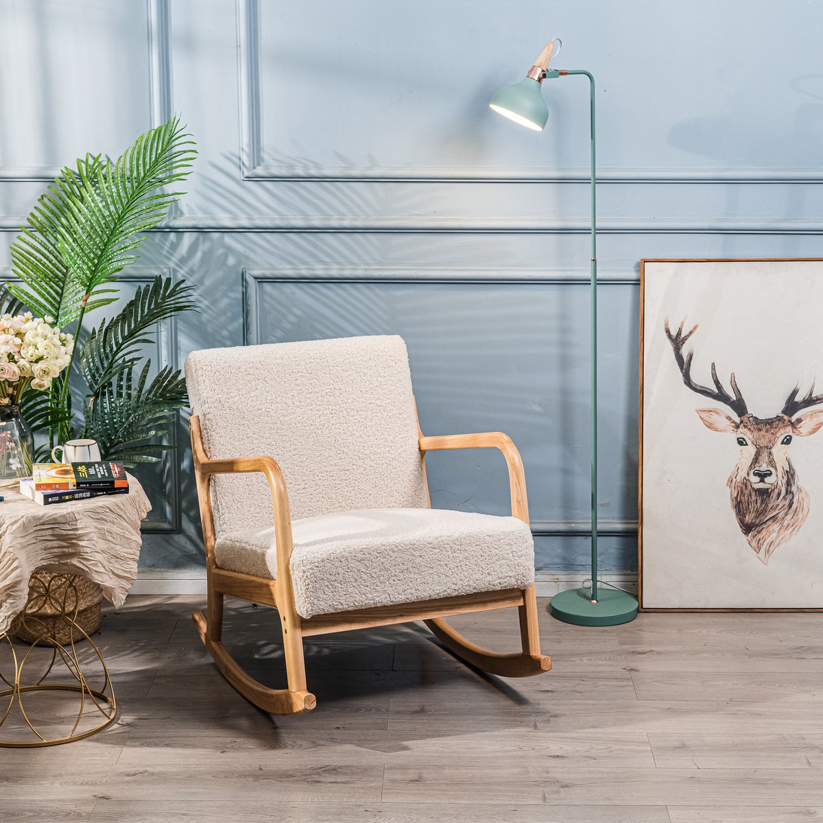 Rocking chair, bois et bouclette, DIANA blanc cassé, NORDLYS