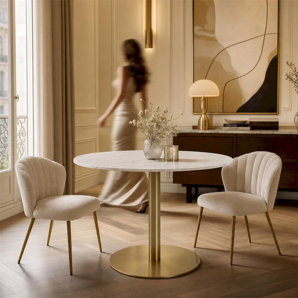 Table ronde en marbre collection CORBINES blanc et doré, RECOLLECTION