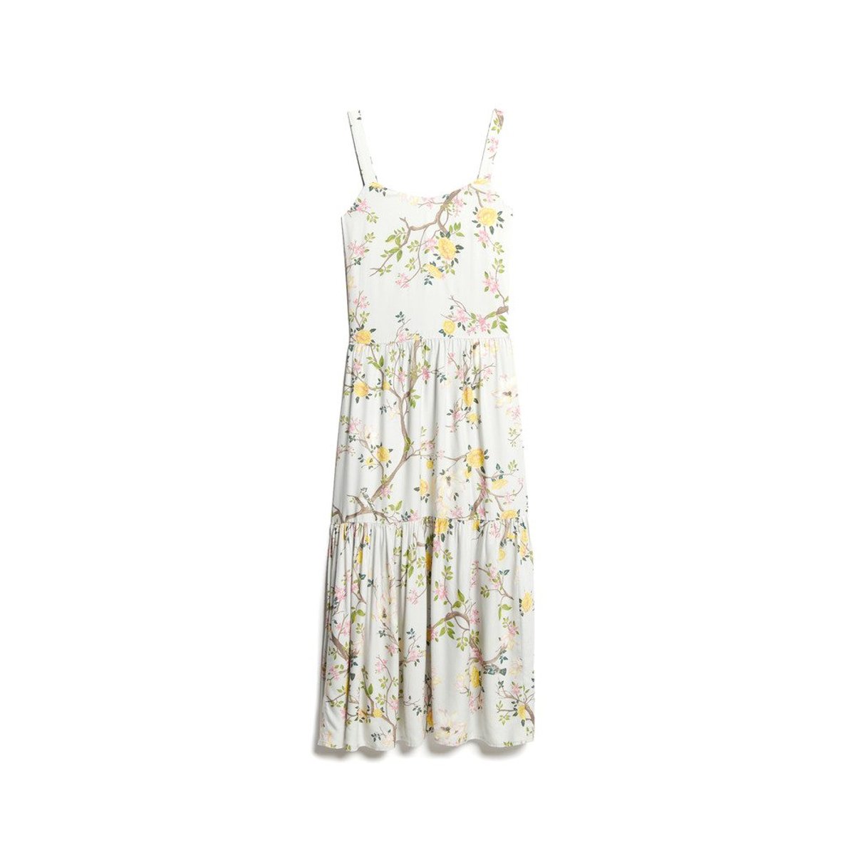 Robe longue tissée à volants gris oiseau fleuri, SUPERDRY