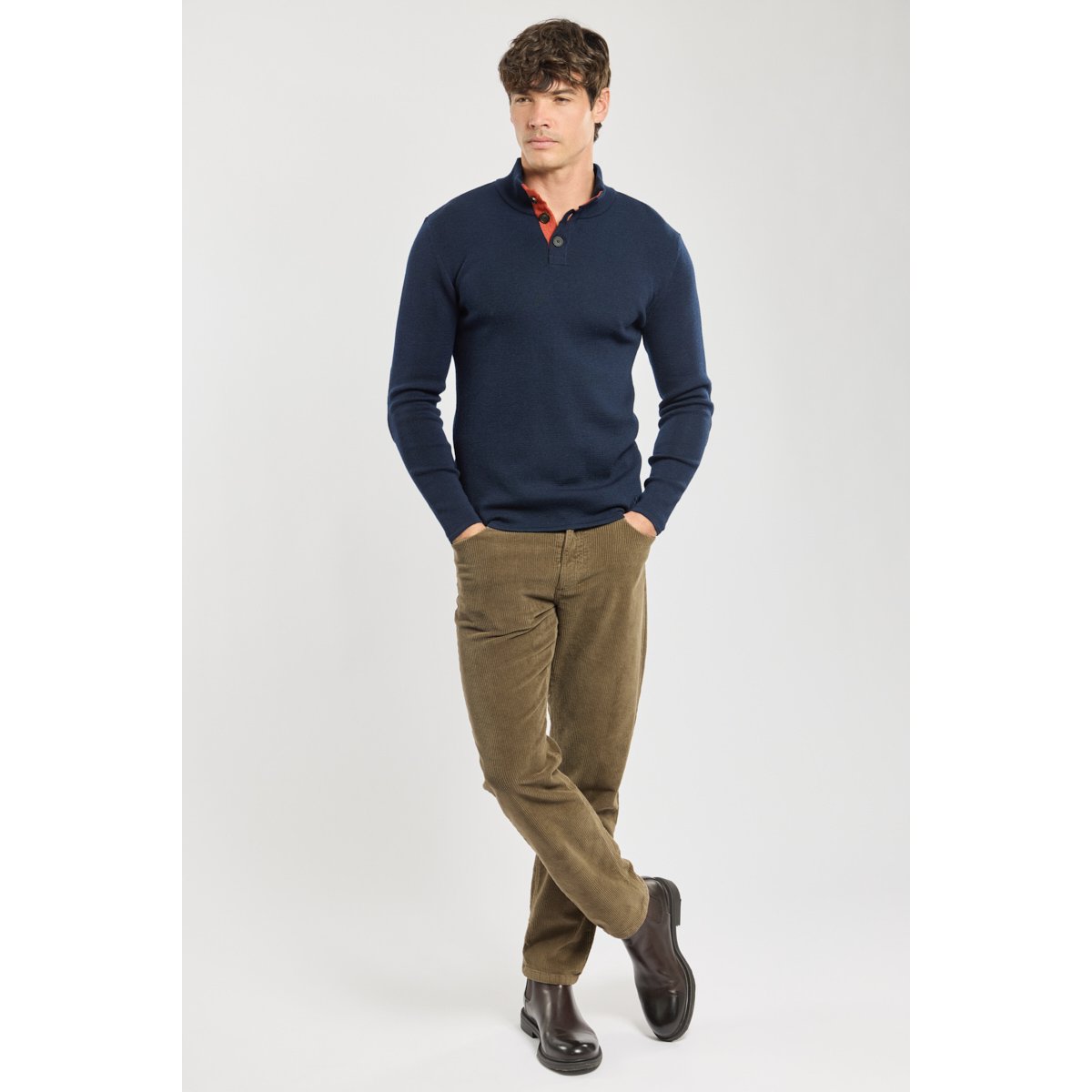 Pull col camionneur Deauville - laine marine deep/ketchup, ARMOR-LUX