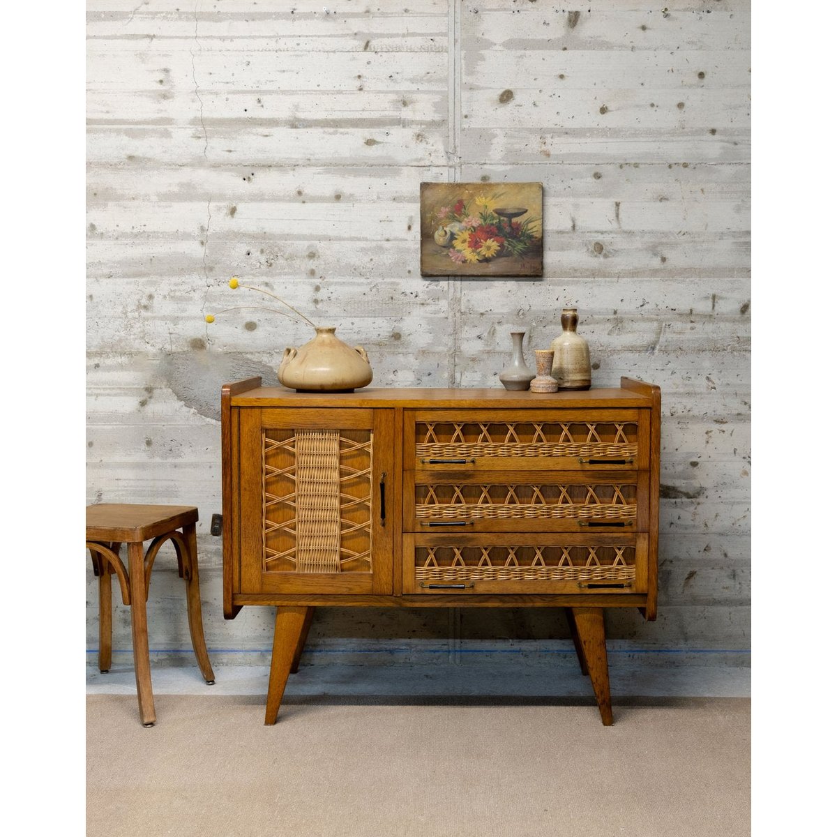Buffet en bois et rotin Gilbert N°1608 - Bon état bois foncé, DEBONGOUT
